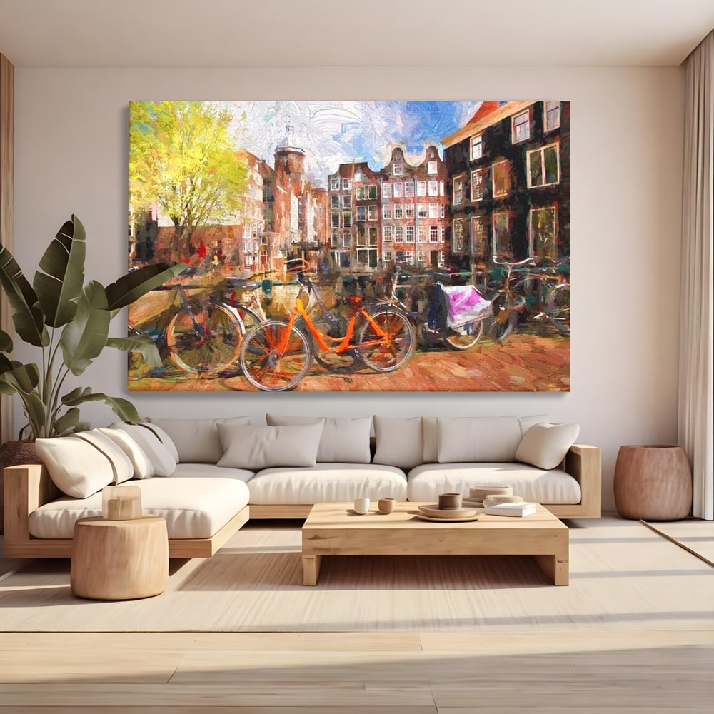 Tablou canvas cu pictura stradala cu bicicleta portocalie, fara rama, pe sasiu de lemn, pe perete intr-un living